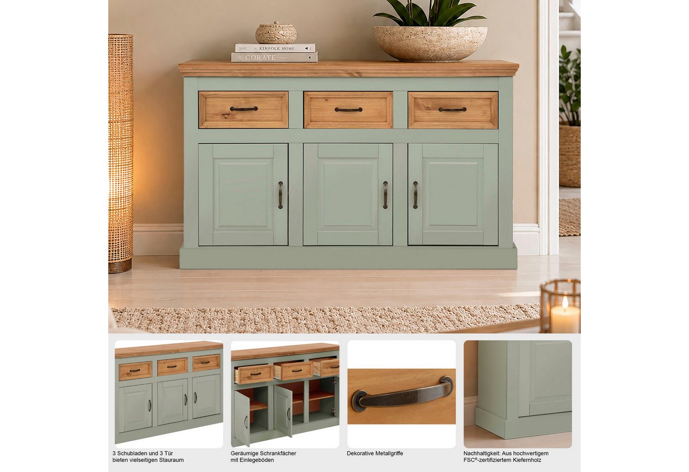 OTTO home Sideboard Selma Kommode mit 3 Türen, 3 Schubläden und 6 Fächer, Metallgriffe, aus massivem Kiefernholz, 3 Einlegeböden, mit dekorativer Fräsung – Bild 3 von 5
