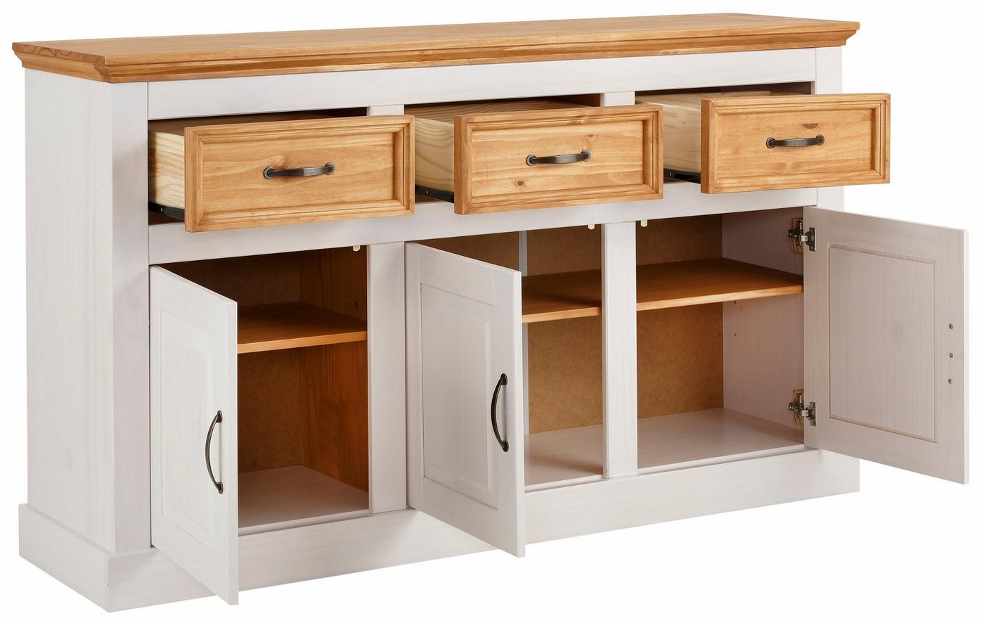 OTTO home Sideboard Selma Kommode mit 3 Türen, 3 Schubläden und 6 Fächer, Metallgriffe, aus massivem Kiefernholz, 3 Einlegeböden, mit dekorativer Fräsung – Bild 5 von 5