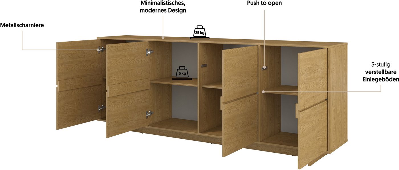 OTTO home Sideboard Tatami, Stilvolle, moderne grifflose Kommode 4 Türen, Breite 220cm, Anrichte mit viel Stauraum, Böden verstellbar, push-to-open-Funktion – Bild 4 von 5