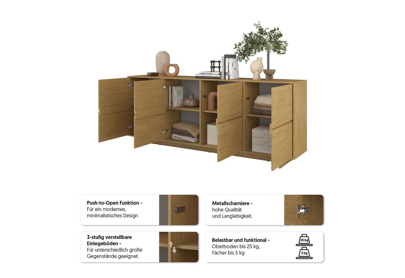 OTTO home Sideboard Tatami, Stilvolle, moderne grifflose Kommode 4 Türen, Breite 220cm, Anrichte mit viel Stauraum, Böden verstellbar, push-to-open-Funktion – Bild 5 von 5