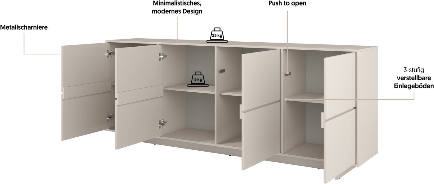 OTTO home Sideboard Tatami, Stilvolle, moderne grifflose Kommode 4 Türen, Breite 220cm, Anrichte mit viel Stauraum, Böden verstellbar, push-to-open-Funktion – Bild 4 von 5