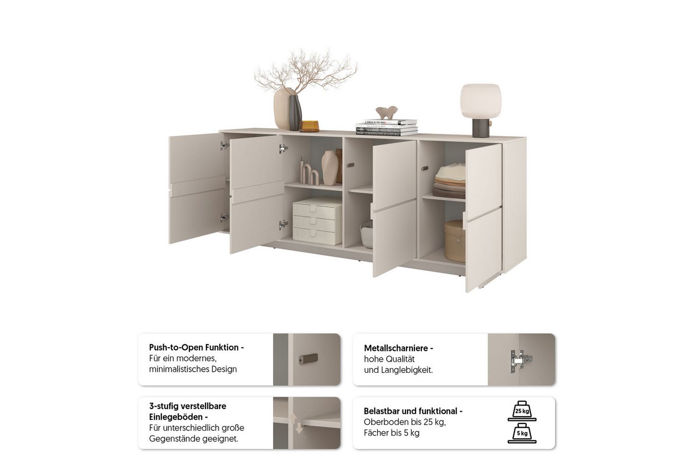 OTTO home Sideboard Tatami, Stilvolle, moderne grifflose Kommode 4 Türen, Breite 220cm, Anrichte mit viel Stauraum, Böden verstellbar, push-to-open-Funktion – Bild 5 von 5