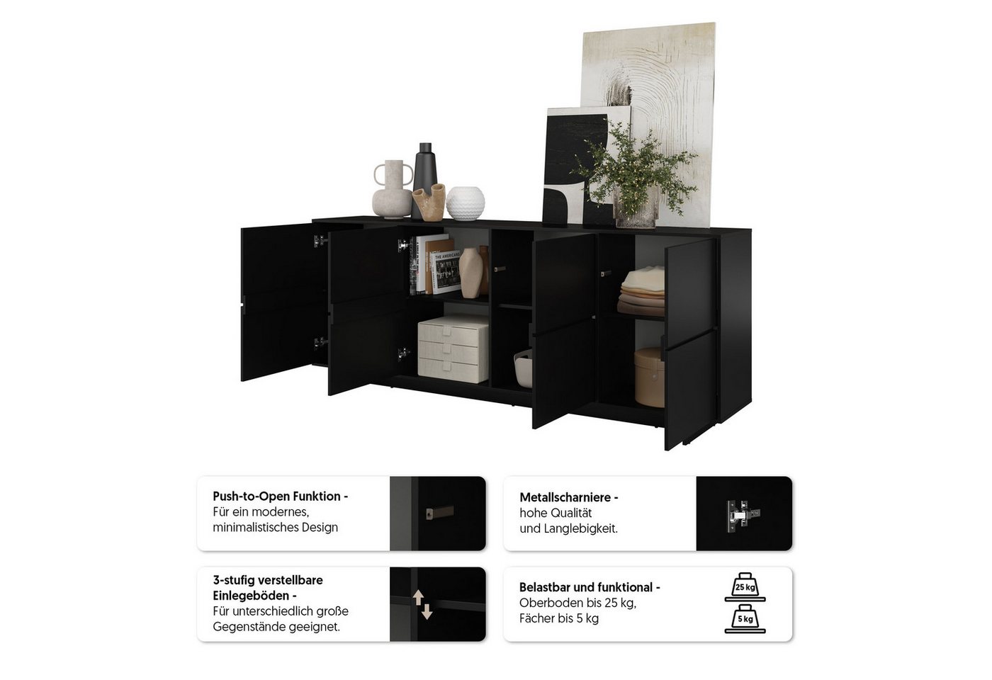 OTTO home Sideboard Tatami, Stilvolle, moderne grifflose Kommode 4 Türen, Breite 220cm, Anrichte mit viel Stauraum, Böden verstellbar, push-to-open-Funktion – Bild 4 von 5