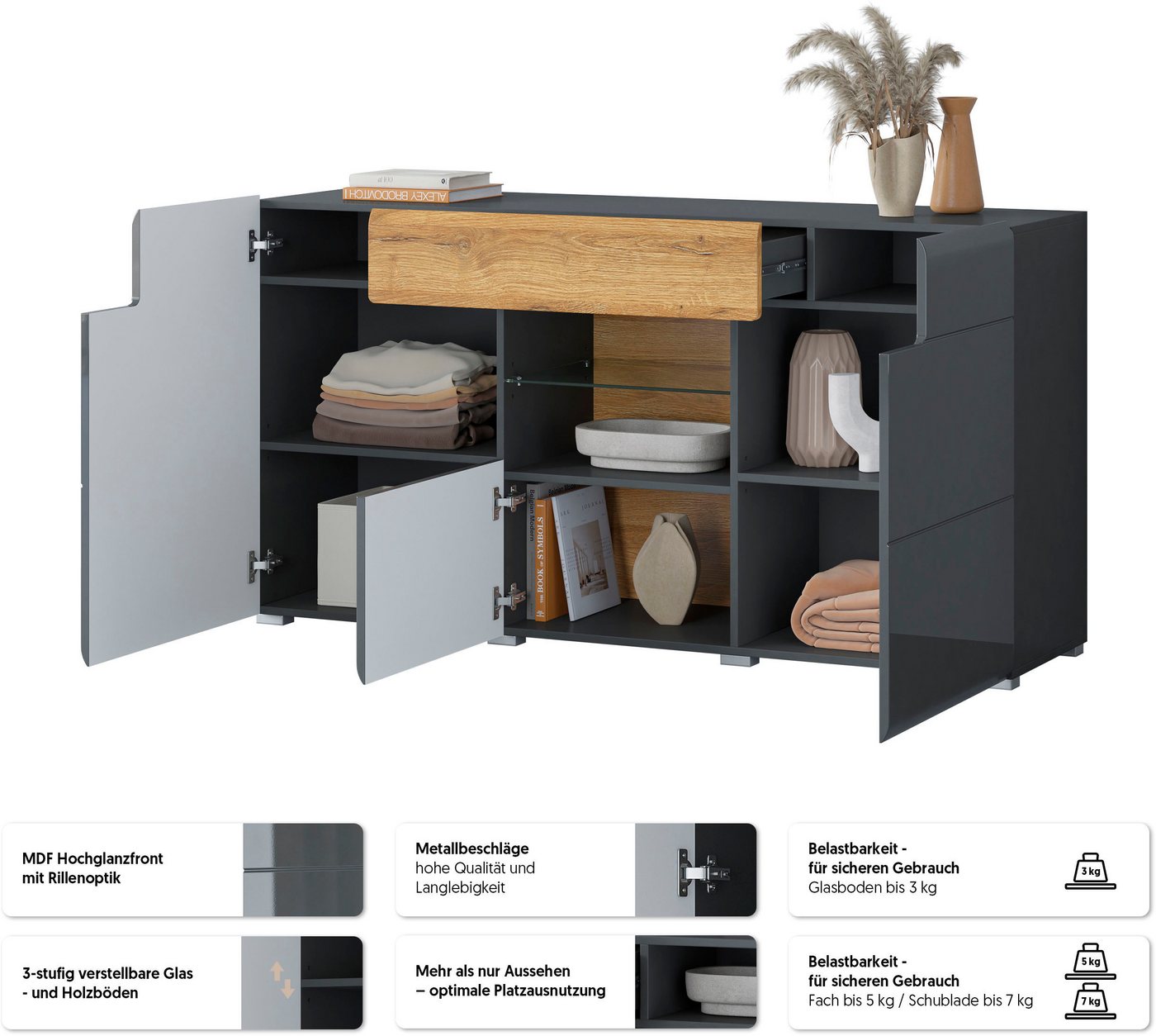 OTTO home Sideboard Toledo,Breite 159cm,moderne Anrichte mit dekorative Fräsungen,grifflos, Kommode viel Stauraum, Einlegeböden verstellbar,ohne Beleuchtung – Bild 3 von 5