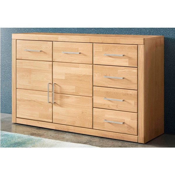 OTTO home Sideboard Trondheim,130cm breit,42 cm tief, Fronten Holzmassiv, Metallgriffe, Korpus aus Holzwerkstoff,2 Türen, 2 breite Fächer,5 Schubladen