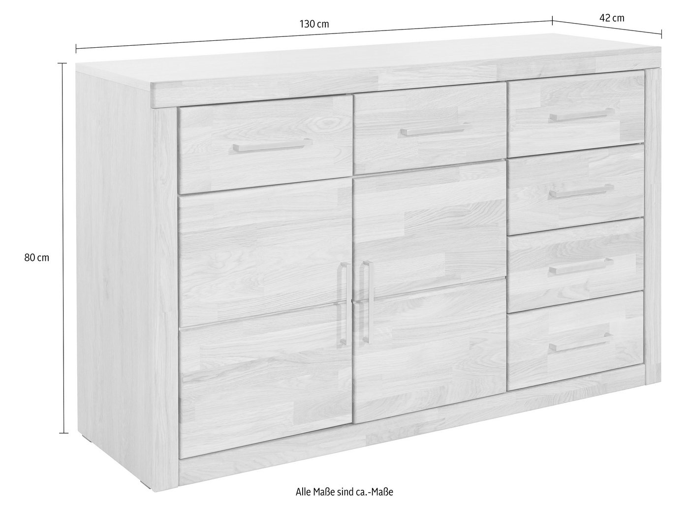 OTTO home Sideboard Trondheim,130cm breit,42 cm tief, Fronten Holzmassiv, Metallgriffe, Korpus aus Holzwerkstoff,2 Türen, 2 breite Fächer,5 Schubladen – Bild 2 von 4