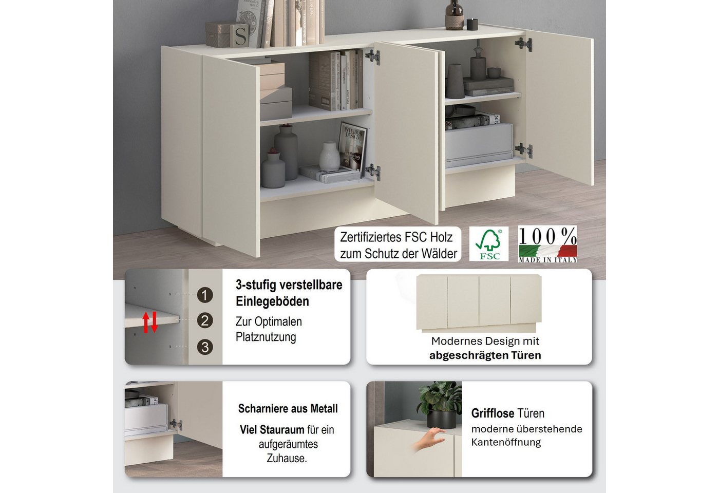 OTTO home Sideboard VELA, Breite 160 cm, Design mit schrägen Türen, Maße-B/T/H: 160x35x75 (1 St), Made in Italy, 4 Fächer, Sideboard, Anrichte, Kommode – Bild 3 von 5
