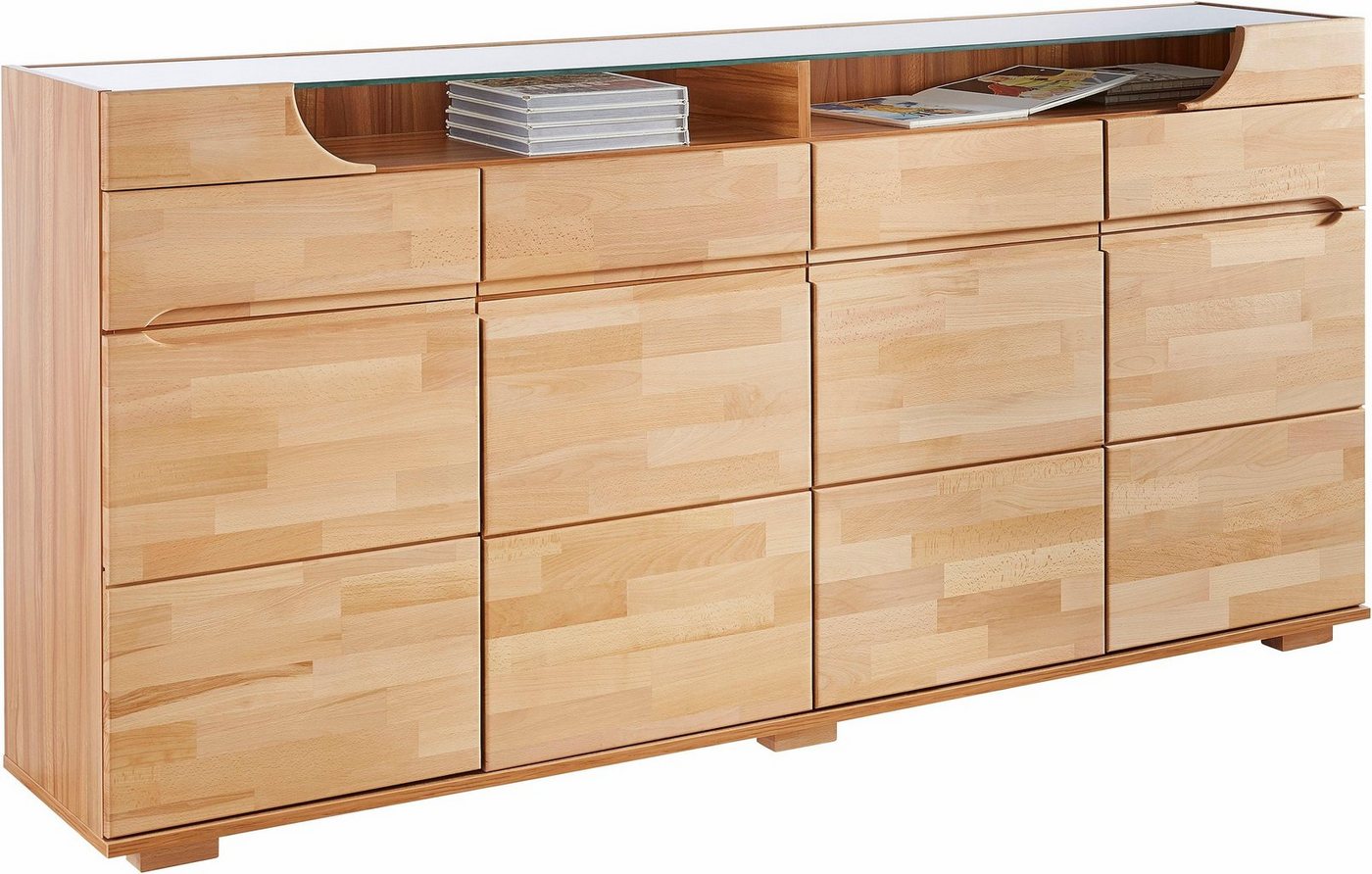 OTTO home Sideboard Vetro,200cm breit,40 cm tief,4 Schubladen Oberplatte aus Glas, Kernbuche massiv, Holzwerkstoff, 4Türen,4 Schubladen, Griffmulden – Bild 2 von 5