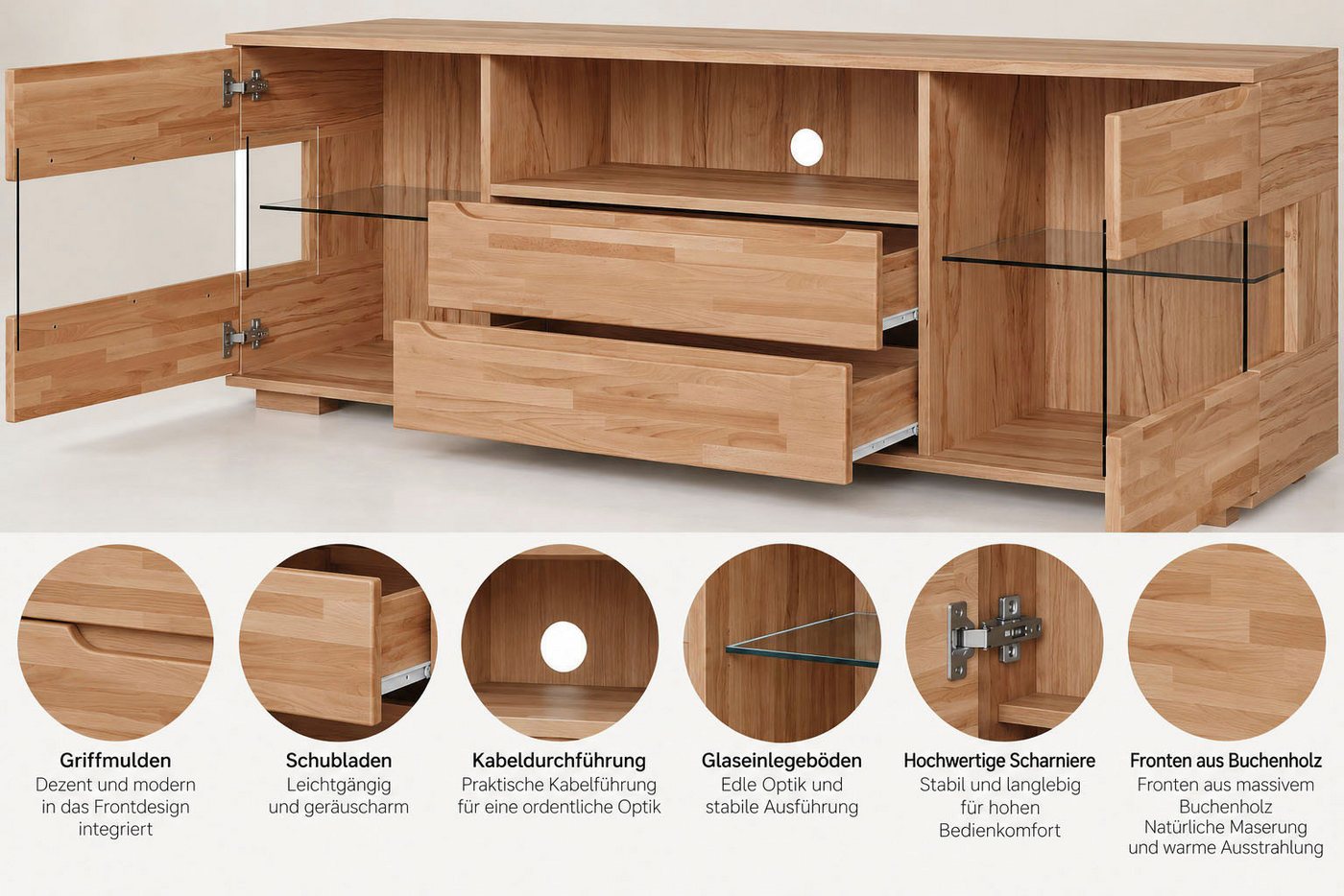 OTTO home Sideboard VETRO Teilmassiv, Fronten Massivholz, Wohnzimmer, Stauraum,Griffmulde, B/T/H:180/40/63cm, 2Schubladen, 4 geschlossene & 2 offene Fächer – Bild 3 von 5