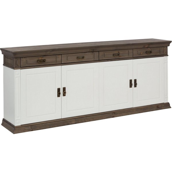 OTTO home Sideboard Vinales, Kommode, 4 Schubkästen, 4 Türen, 4 Fächer (B/T/H:202/39/83 cm), Massivholz, Messinggriffe im Jugendstil, Zierleisten, eleganter Soc