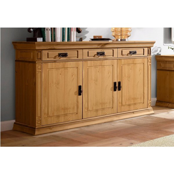 OTTO home Sideboard Vinales, kommode 3 Schubläden, 3 Türen, 2 Einlegeböden (B/T/H: 155/39/83 cm), Messinggriffe im Jugendstil, Zierleiste und eleganter Sockel