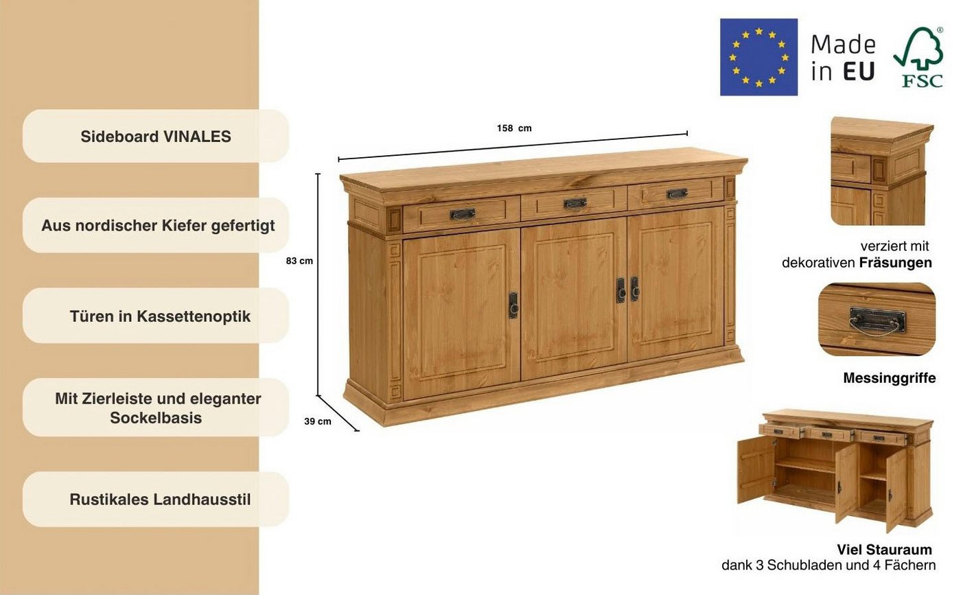 OTTO home Sideboard Vinales, kommode 3 Schubläden, 3 Türen, 2 Einlegeböden (B/T/H: 155/39/83 cm), Messinggriffe im Jugendstil, Zierleiste und eleganter Sockel – Bild 3 von 5