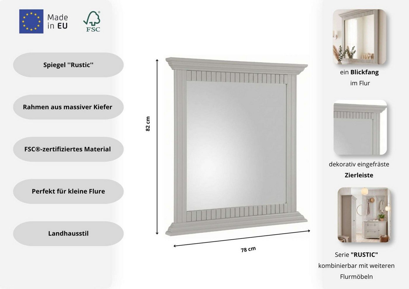 OTTO home Spiegel Rustic, Garderobenspiegel, Landhausstil (Made in Europe), Rahmen in Kiefer massiv, Breite 78 cm, mit Zierfräsungen – Bild 3 von 5