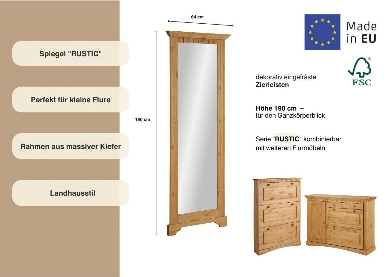 OTTO home Spiegel Rustic, Garderobenspiegel, Landhausstil, Rahmen in Kiefer massiv, Höhe 190 cm, mit Zierfräsungen – Bild 3 von 5