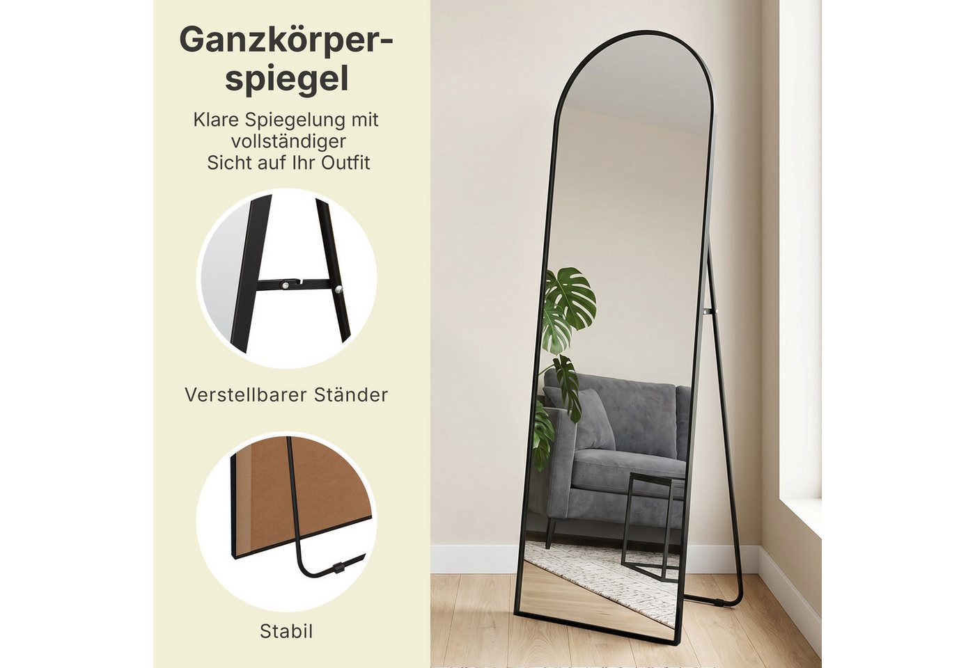 OTTO home Spiegel Standspiegel Addrik, wahlweise in 2 Größen 150x40cm oder 180x60cm (als Wandspiegel und Standspiegel einsetzbar, Rahmen aus Metall), Ganzkörper – Bild 4 von 5