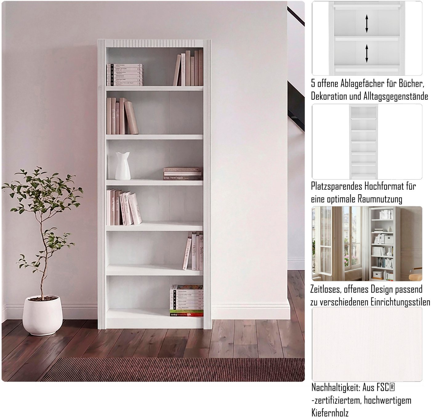 OTTO home Standregal Bergen Bücherregal mit 5 Einlegeböden und einer natürlichen Maserung, aus massivem Kiefernholz mit 6 Fächern, 82,5cm breit – Bild 3 von 5