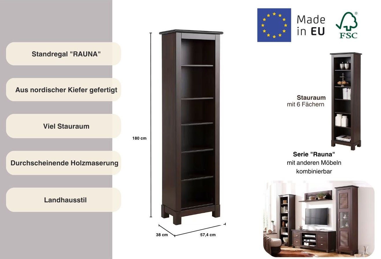 OTTO home Standregal Rauna, Regal, Massivholzregal, Bücherregal, Höhe 180 cm, aus massiver Kiefer, FSC®-zertifiziert – Bild 3 von 5