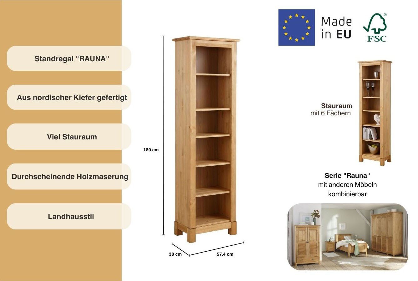 OTTO home Standregal Rauna, Regal, Massivholzregal, Bücherregal, Höhe 180 cm, aus massiver Kiefer, FSC®-zertifiziert – Bild 3 von 5