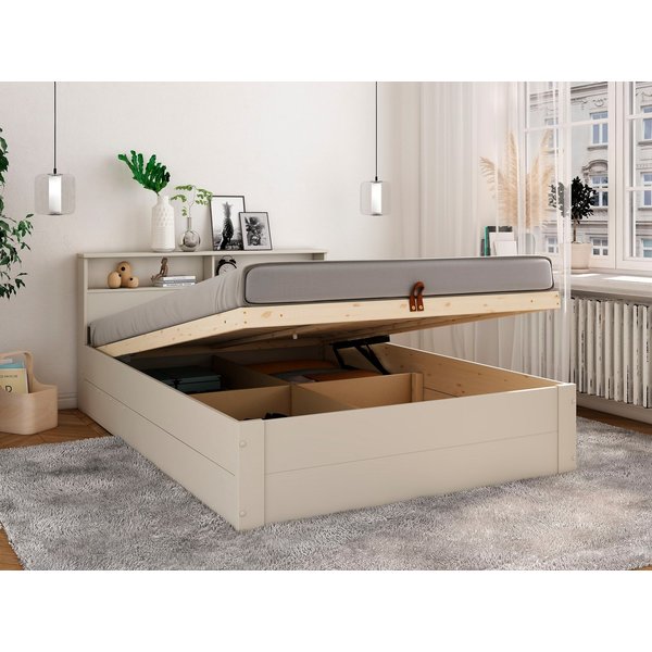 OTTO home Stauraumbett MAREILLES, Bett, Made in Europe, FSC® zertifiziertes Massivholz (140x200cm und 180x200cm), Massivholz, Hebemechanismus, Stauraum im Kopft