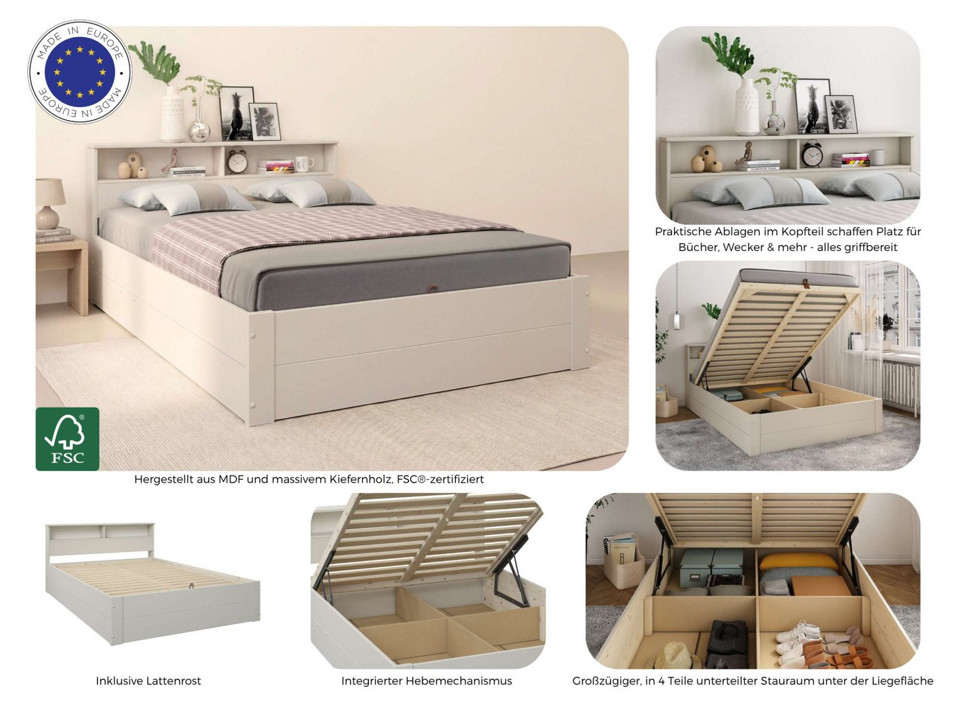 OTTO home Stauraumbett MAREILLES, Bett, Made in Europe, FSC® zertifiziertes Massivholz (140x200cm und 180x200cm), Massivholz, Hebemechanismus, Stauraum im Kopft – Bild 4 von 5