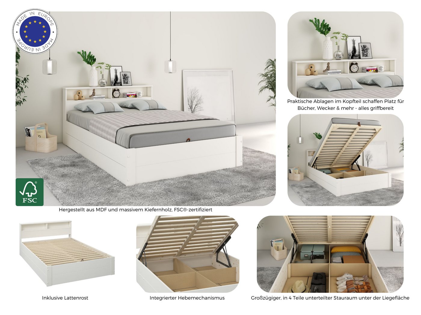 OTTO home Stauraumbett MAREILLES, Bett, Made in Europe, FSC® zertifiziertes Massivholz (140x200cm und 180x200cm), Massivholz, Hebemechanismus, Stauraum im Kopft – Bild 4 von 5