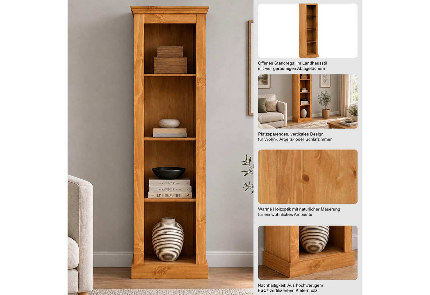 OTTO home Stauraumregal Selma, 1-tlg., Kiefernholz, feste und verstellbare Böden, Breite 55 cm, Höhe 180 cm – Bild 3 von 5