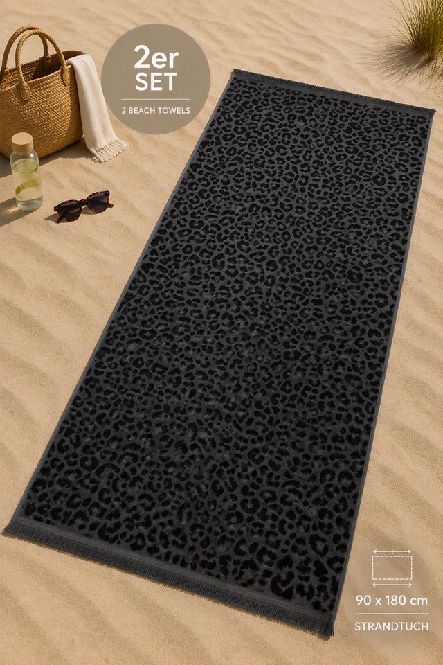OTTO home Strandtuch Tiffani, Leopardenmuster, Premium Strandtücher 2-tlg, 500 gr/m², Frottier (2-St), 90x180 cm, Animal Print, Leo, modern, Urlaub, mit Fransen – Bild 2 von 5