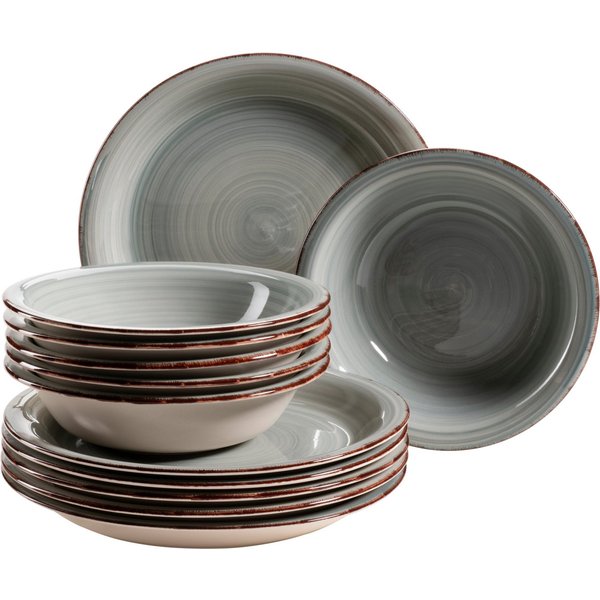 OTTO home Tafelservice Teller Set, Geschirr-Set BELL TEMPO, Keramik, 12 Teile für 6 Personen (12-tlg), 6 Personen, Keramik, rustikale Holzoptik mit Spiraldekor,