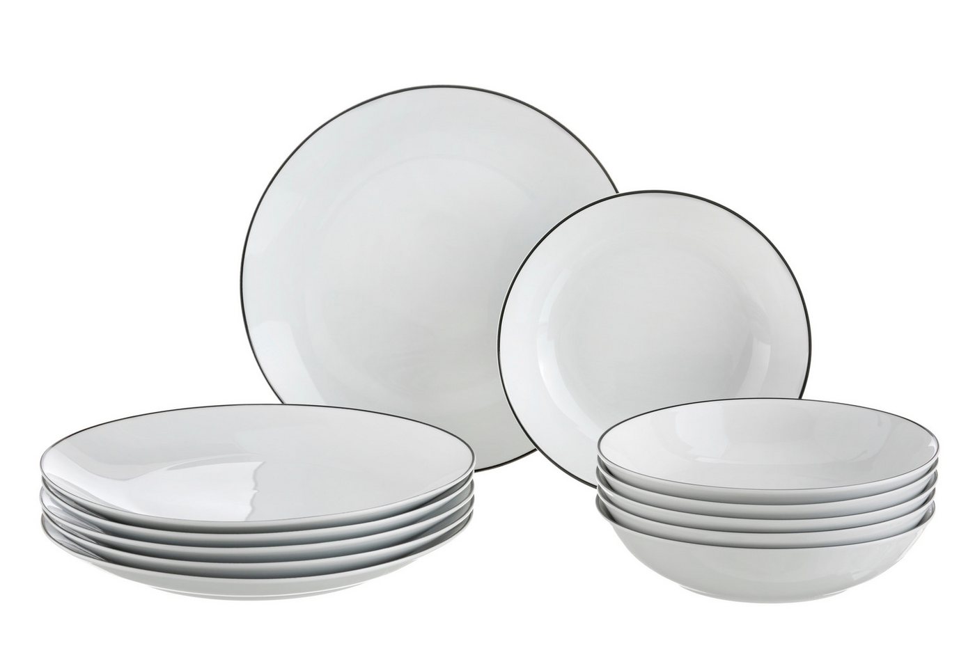 OTTO home Tafelservice Teller Set, Mellinn (12-tlg), 6 Personen, Porzellan, Geschirr, trendige Coupeform, handgemalte, schwarzes Liniendekor – Bild 2 von 5