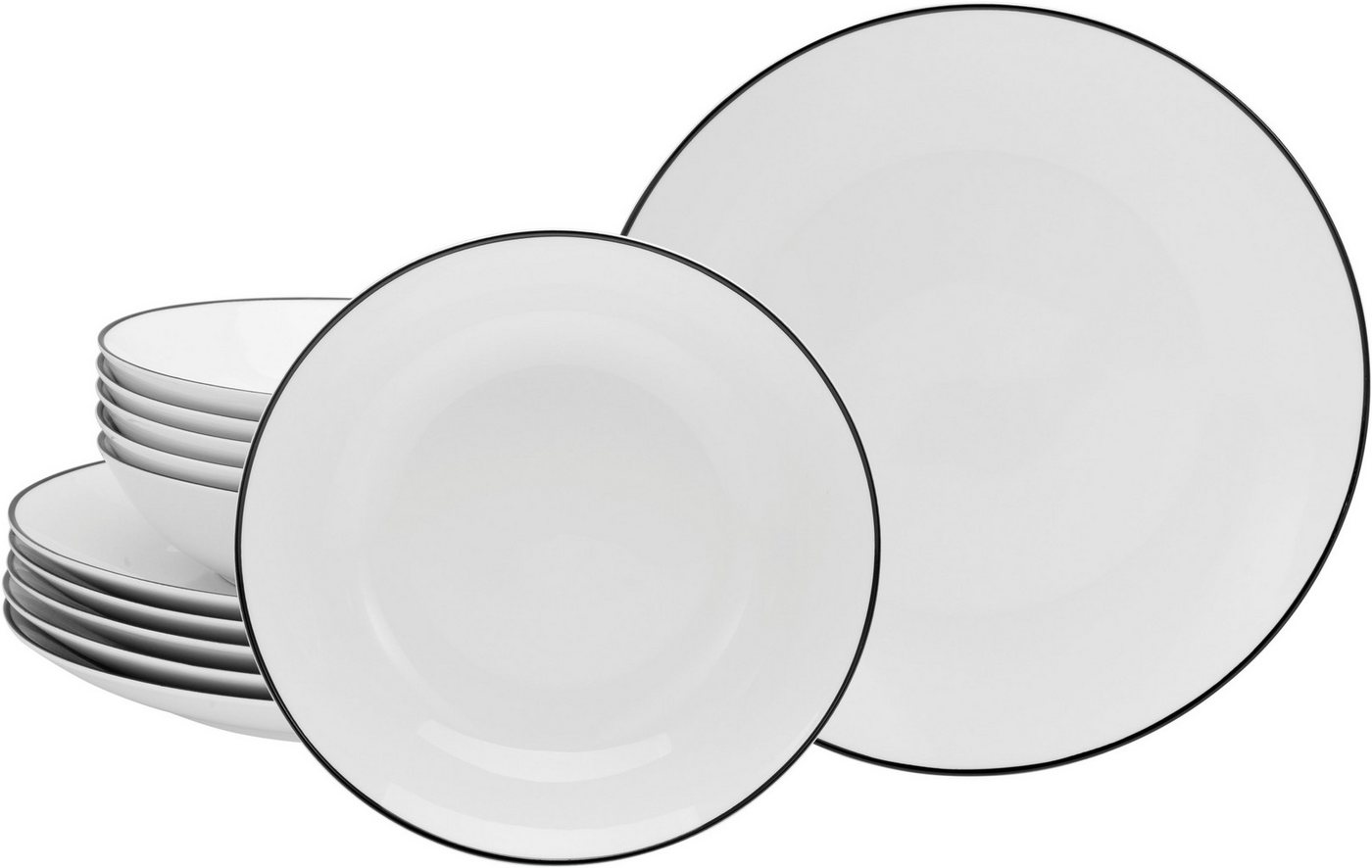 OTTO home Tafelservice Teller Set, Mellinn (12-tlg), 6 Personen, Porzellan, Geschirr, trendige Coupeform, handgemalte, schwarzes Liniendekor – Bild 4 von 5