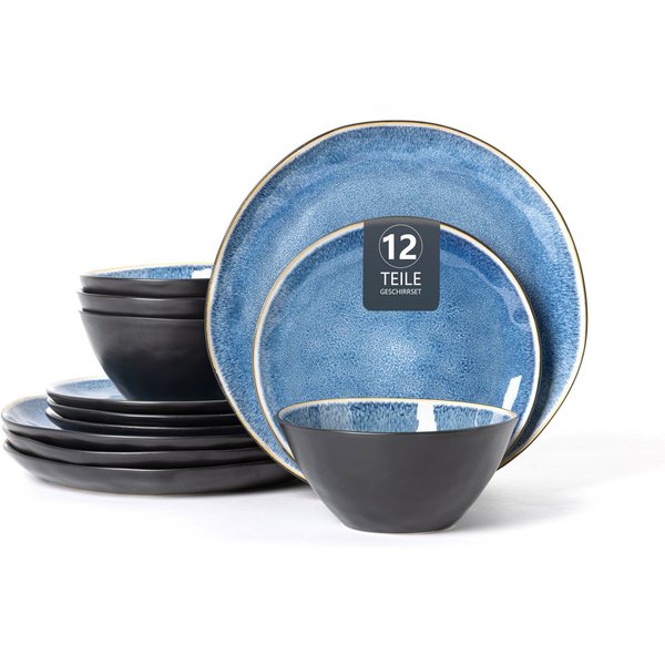 OTTO home Tafelservice Teller Set, Service ALLDEN aus Steinzeug, 12 Teile für 4 Personen (12-tlg), 4 Personen, Steinzeug, Teller Set, jedes Stück ein Unikat, 12