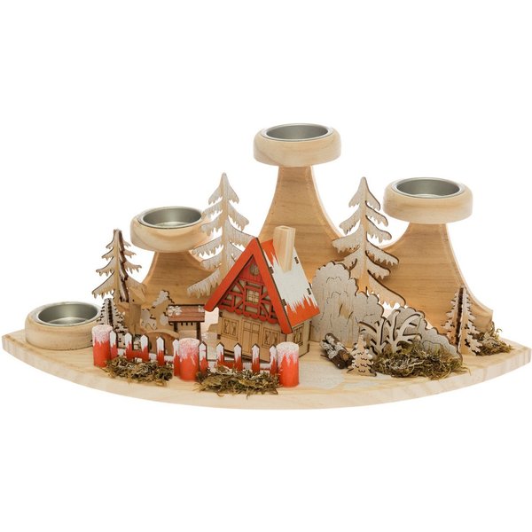 OTTO home Teelichthalter Weihnachtsdeko, Winterlandschaft aus Holz mit Häusern, Rehen, Hirsche (1 St), 4 Adventskerzenhalter klassisch natur-rot oder schlicht w