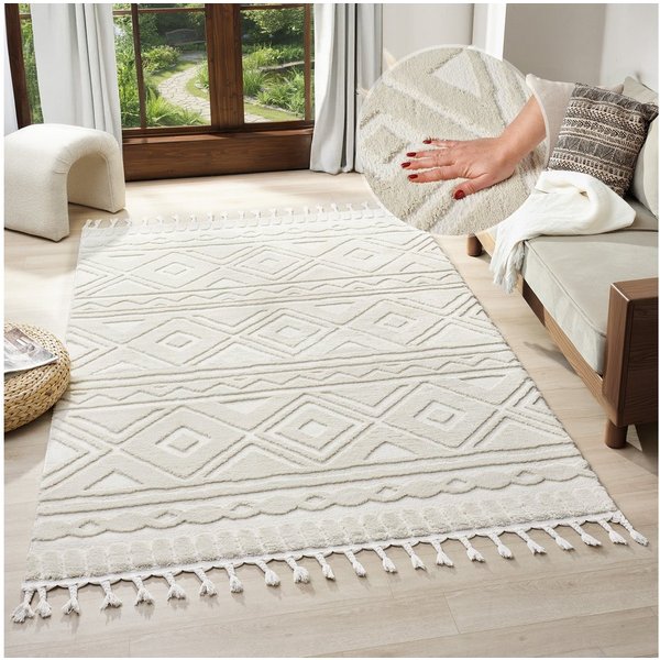 OTTO home Teppich Bonvo, rechteckig, Höhe: 19 mm, mit Fransen, Hoch-Tief-Struktur, Wohnzimmer, Schlafzimmer, Boho-Style