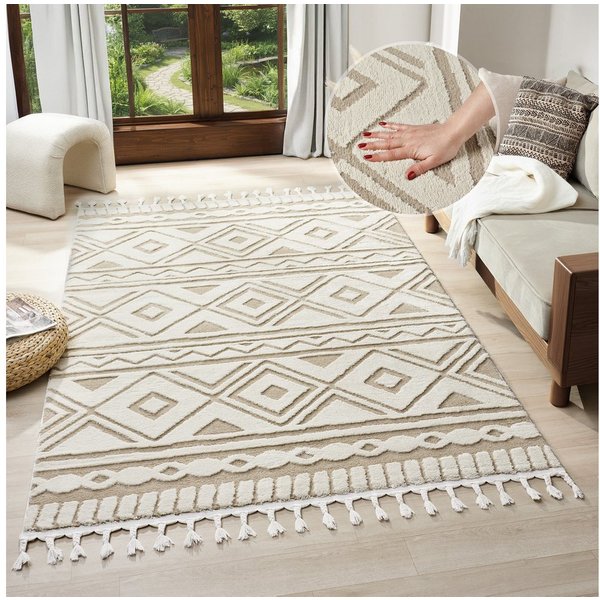 OTTO home Teppich Bonvo, rechteckig, Höhe: 19 mm, mit Fransen, Hoch-Tief-Struktur, Wohnzimmer, Schlafzimmer, Boho-Style