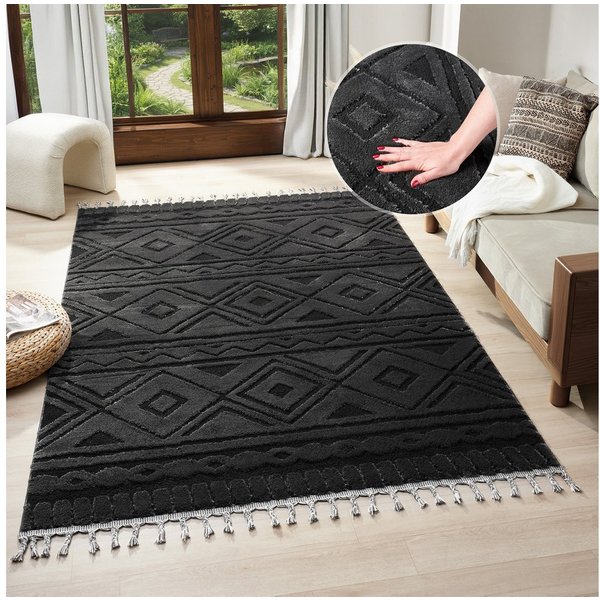 OTTO home Teppich Bonvo, rechteckig, Höhe: 19 mm, mit Fransen, Hoch-Tief-Struktur, Wohnzimmer, Schlafzimmer, Boho-Style