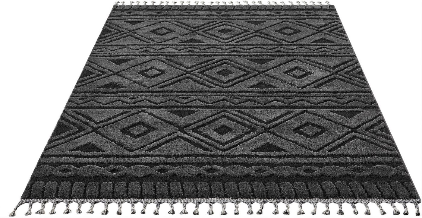 OTTO home Teppich Bonvo, rechteckig, Höhe: 19 mm, mit Fransen, Hoch-Tief-Struktur, Wohnzimmer, Schlafzimmer, Boho-Style – Bild 3 von 5
