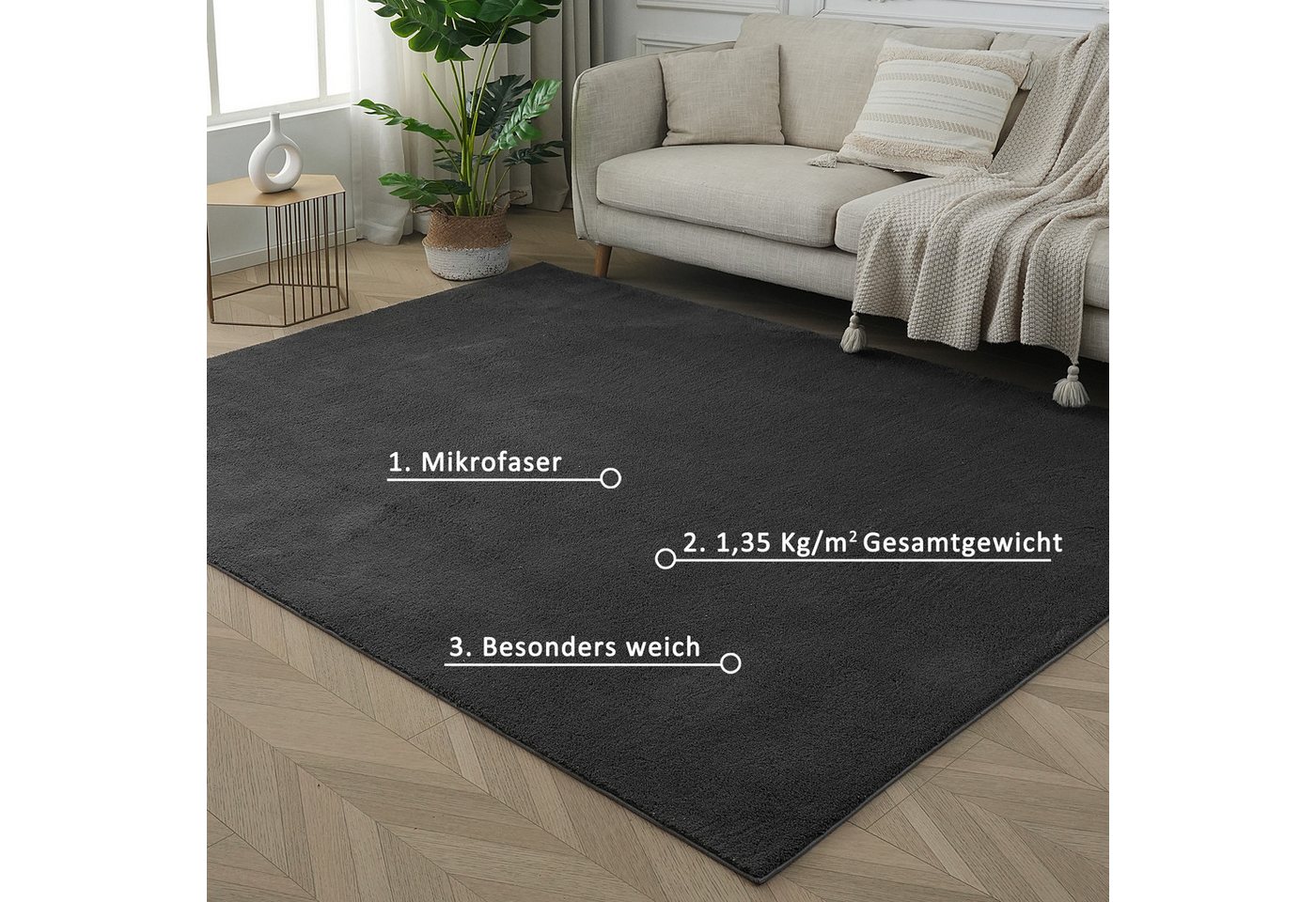OTTO home Teppich Cali, in Standard- und Premium-Qualität, 13 mm oder 16 mm Höhe, rechteckig, Uni-Farben, kuschelig, & weich, waschbar, Wohnzimmer, Schlafzimmer – Bild 5 von 5