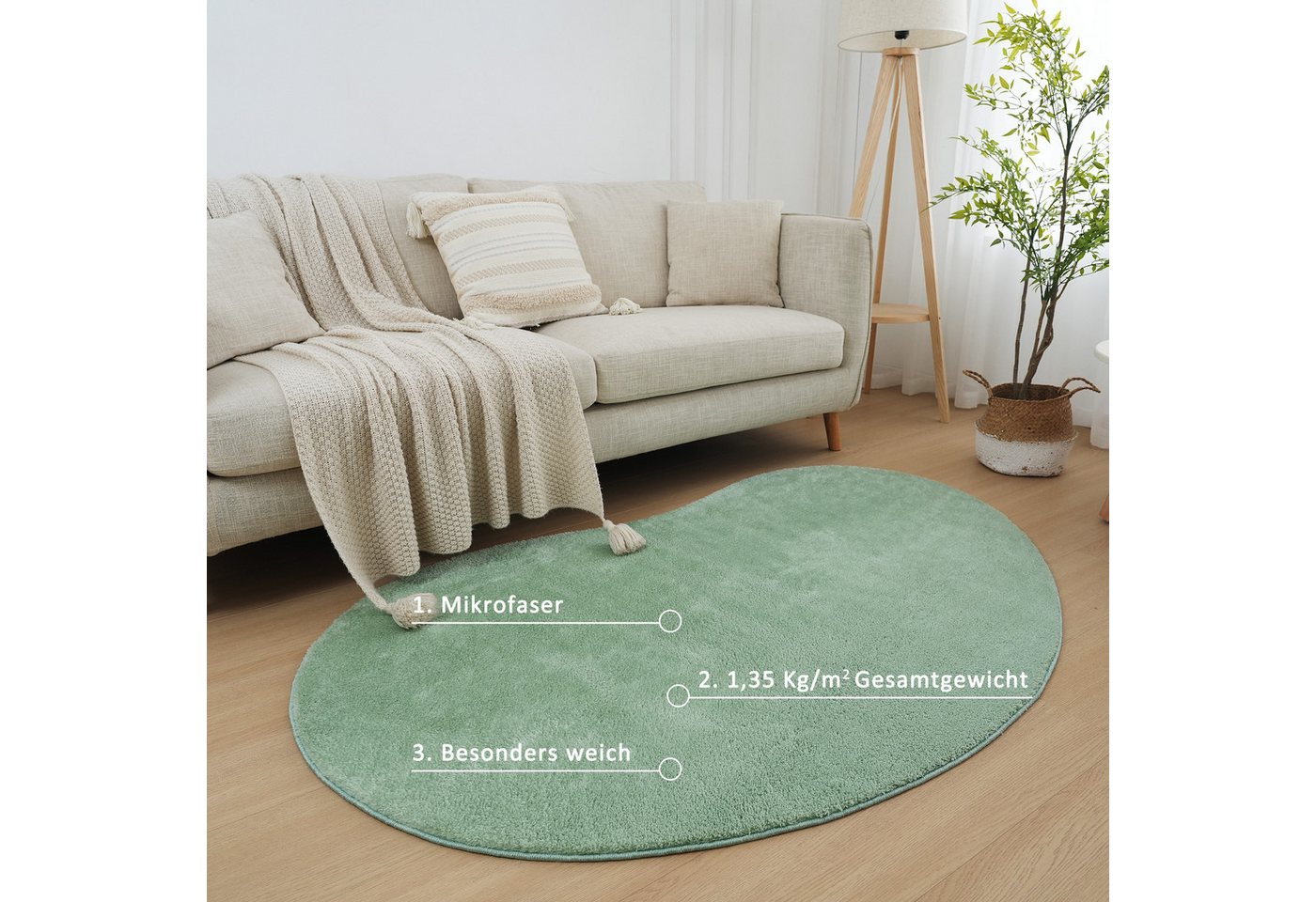 OTTO home Teppich Cali Bean, U-förmig, Höhe: 16 mm, besondere Form, Uni, weich, waschbar, Wohnzimmer, Schlafzimmer – Bild 3 von 5