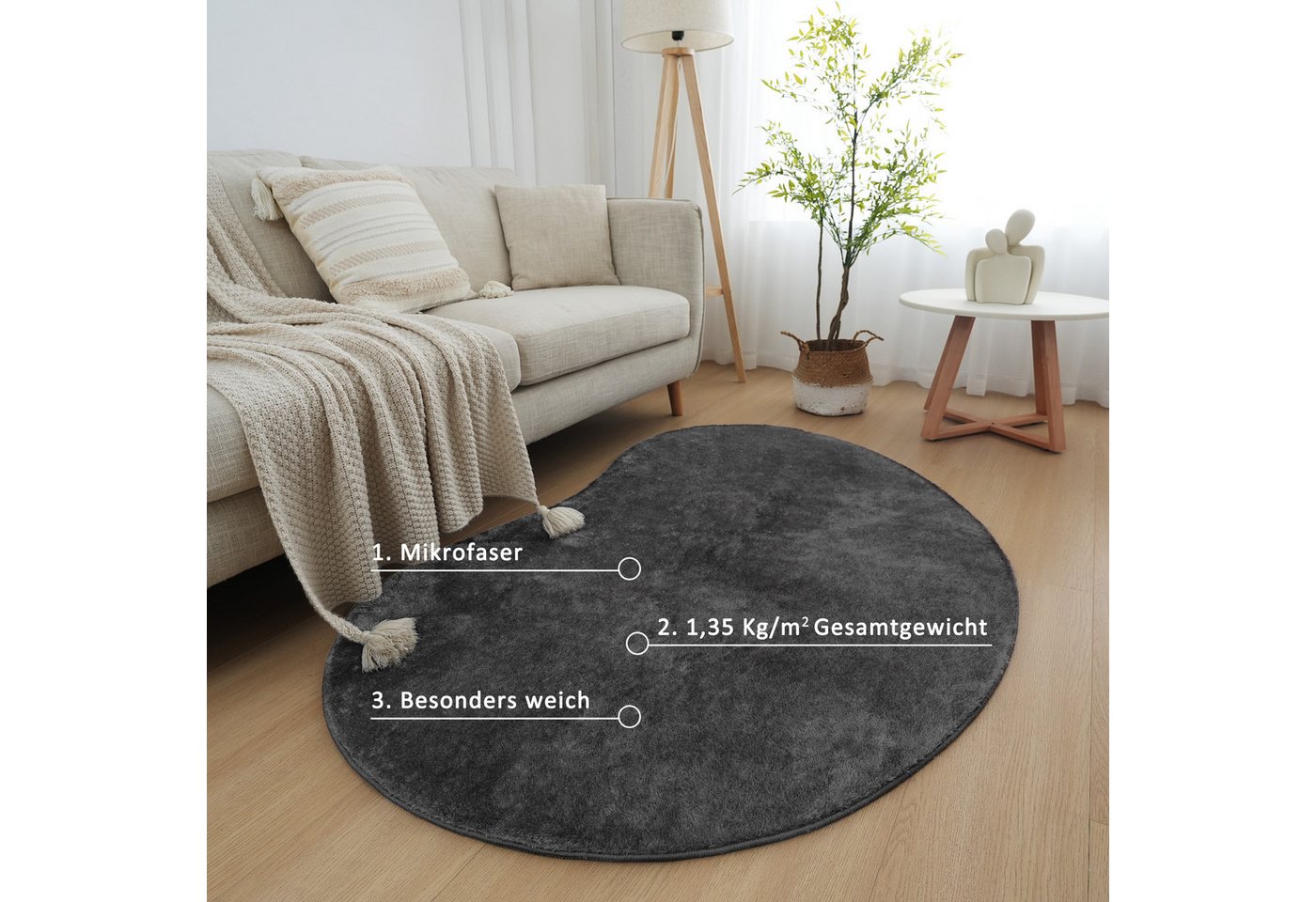 OTTO home Teppich Cali Bean, U-förmig, Höhe: 16 mm, besondere Form, Uni, weich, waschbar, Wohnzimmer, Schlafzimmer – Bild 3 von 5