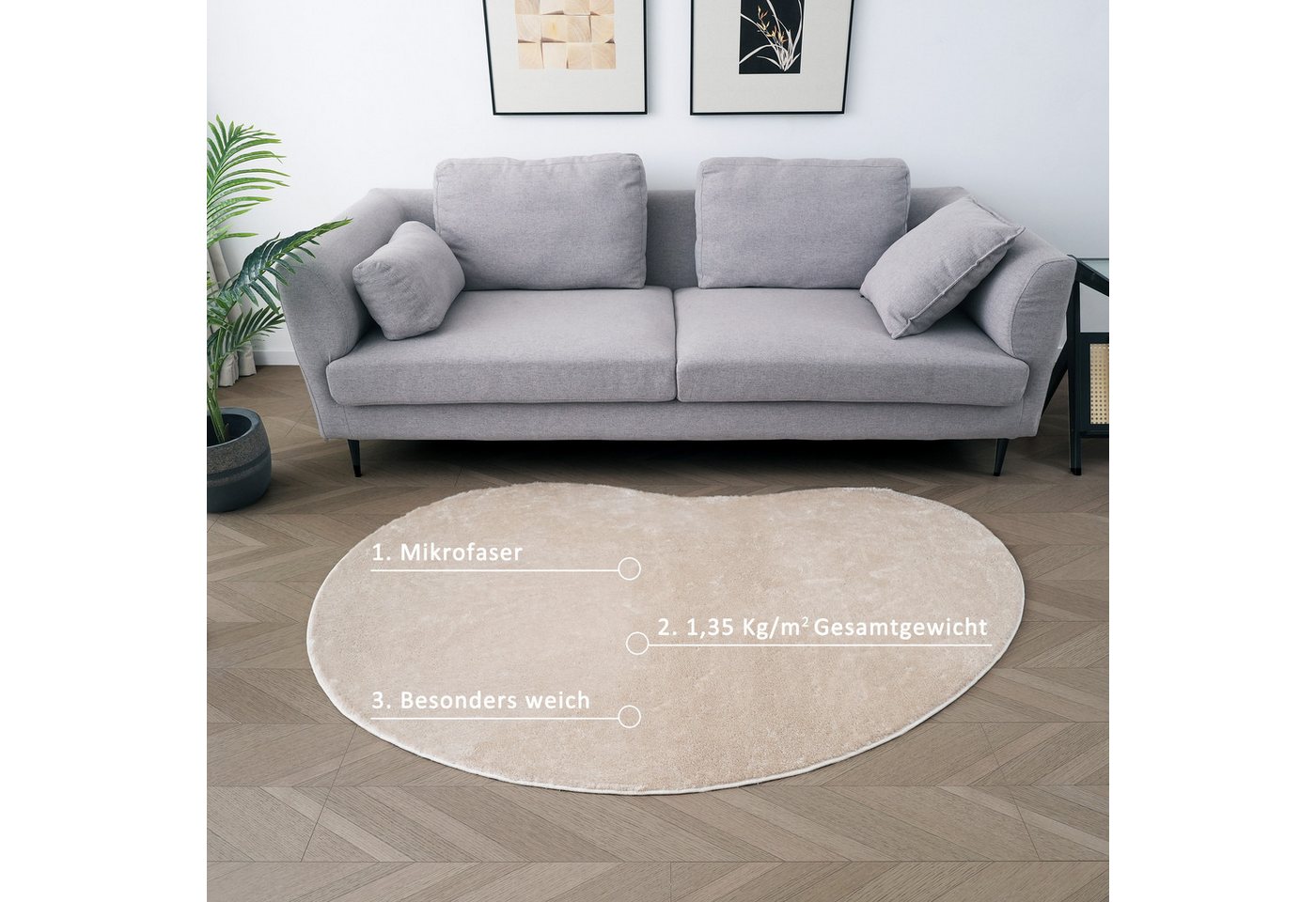 OTTO home Teppich Cali Bean, U-förmig, Höhe: 16 mm, besondere Form, Uni, weich, waschbar, Wohnzimmer, Schlafzimmer – Bild 3 von 5