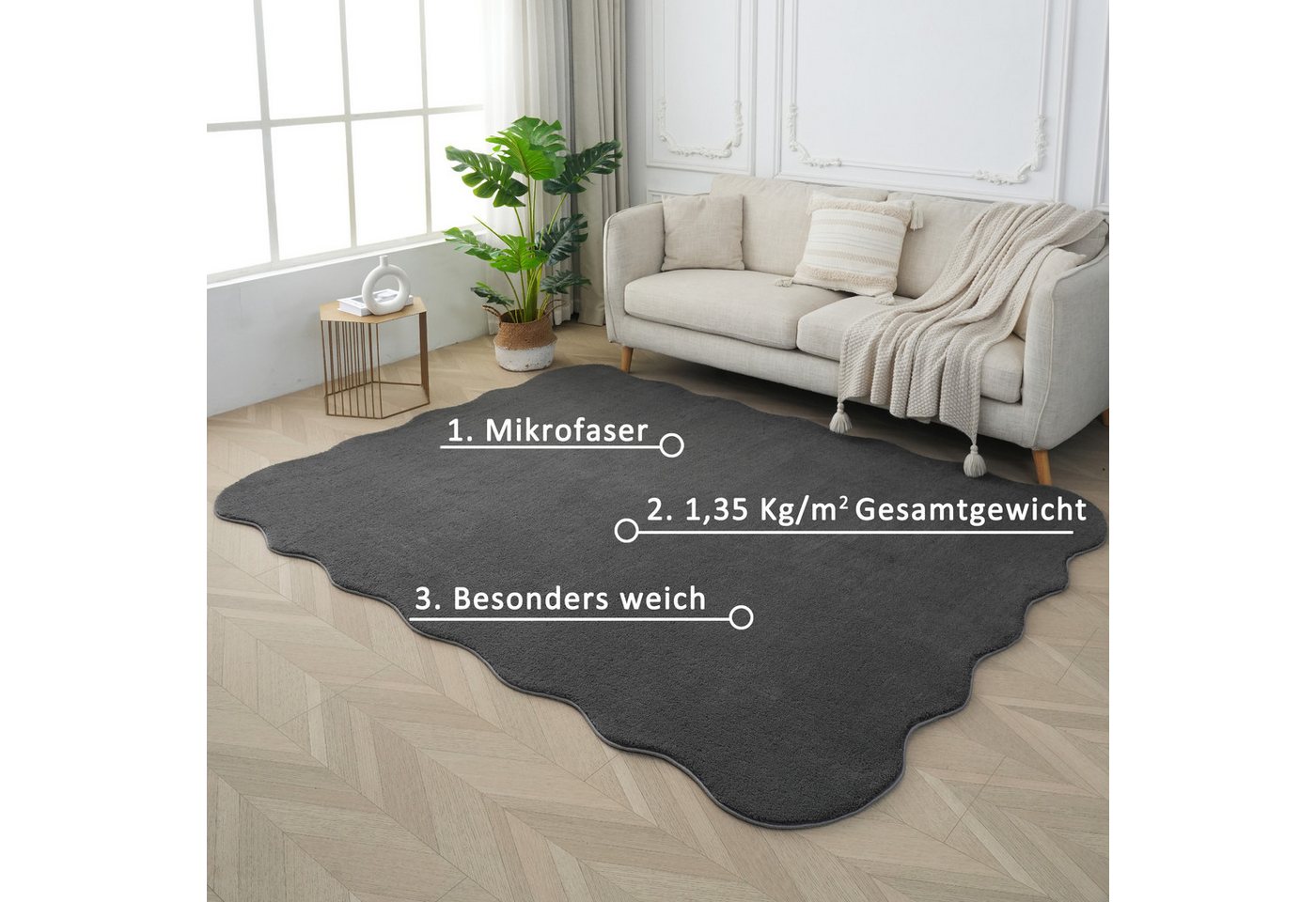 OTTO home Teppich Cali, in Standard- und Premium-Qualität, 13 mm oder 16 mm Höhe, wellenförmig, Uni-Farben, kuschelig, & weich, waschbar, Wohnzimmer, Schlafzimm – Bild 3 von 5