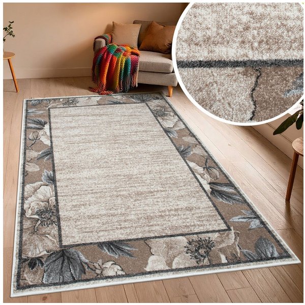 OTTO home Teppich Florent mit Rahmen, Blumen Design, rechteckig, Höhe: 9 mm, Floral, detailreiche Blüten, meliert, elegant, Wohnzimmer