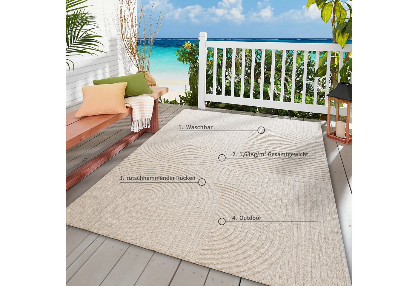 OTTO home Teppich Jola, In- und Outdoor geeignet, Hoch-Tief-Design, Scandi, rechteckig, Höhe: 9 mm, Hoch-Tief-Struktur, Zen, Wetterfest & UV-beständig, Balkon,  – Bild 3 von 5