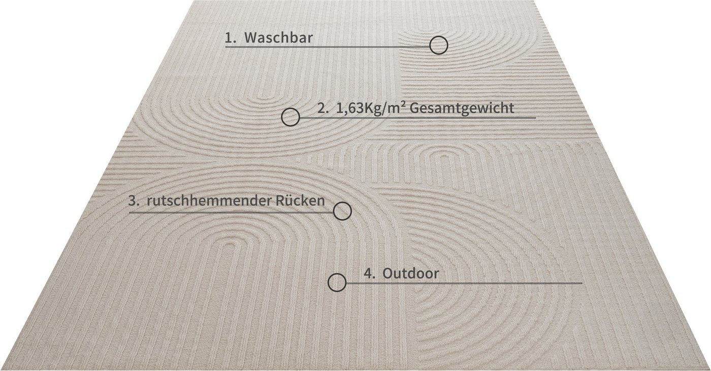 OTTO home Teppich Jola, In- und Outdoor geeignet, Hoch-Tief-Design, Scandi, rechteckig, Höhe: 9 mm, Hoch-Tief-Struktur, Zen, Wetterfest & UV-beständig, Balkon,  – Bild 5 von 5