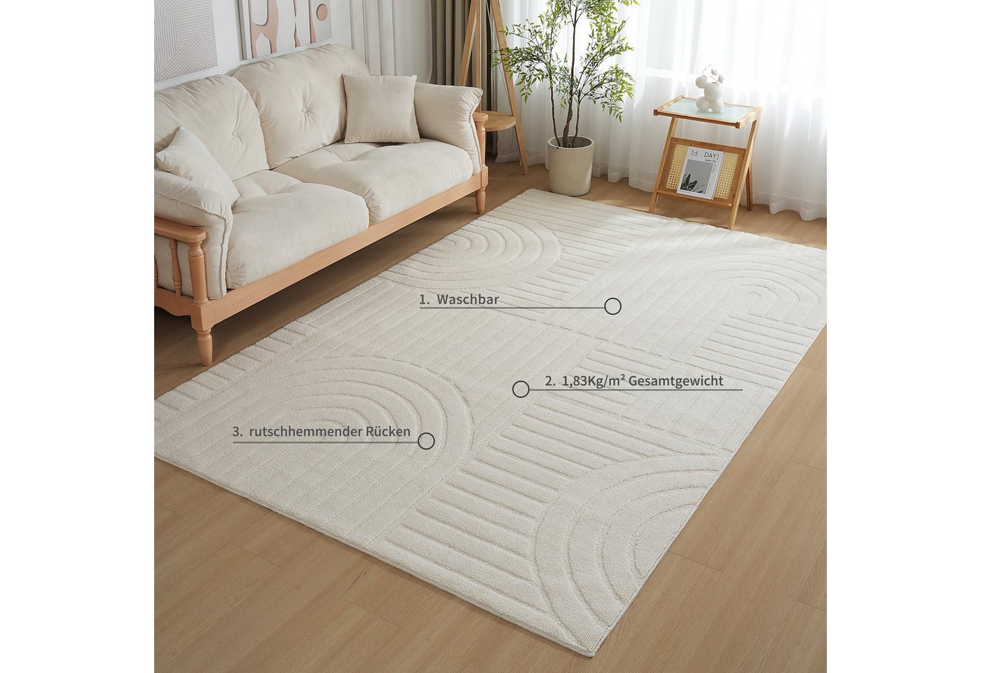 OTTO home Teppich Neele, Boho-Design, Hoch-Tief, waschbar, rechteckig, Höhe: 12 mm, 3D Optik, Skandinavisch, Designteppich, Wohnzimmer, Schlafzimmer – Bild 3 von 5
