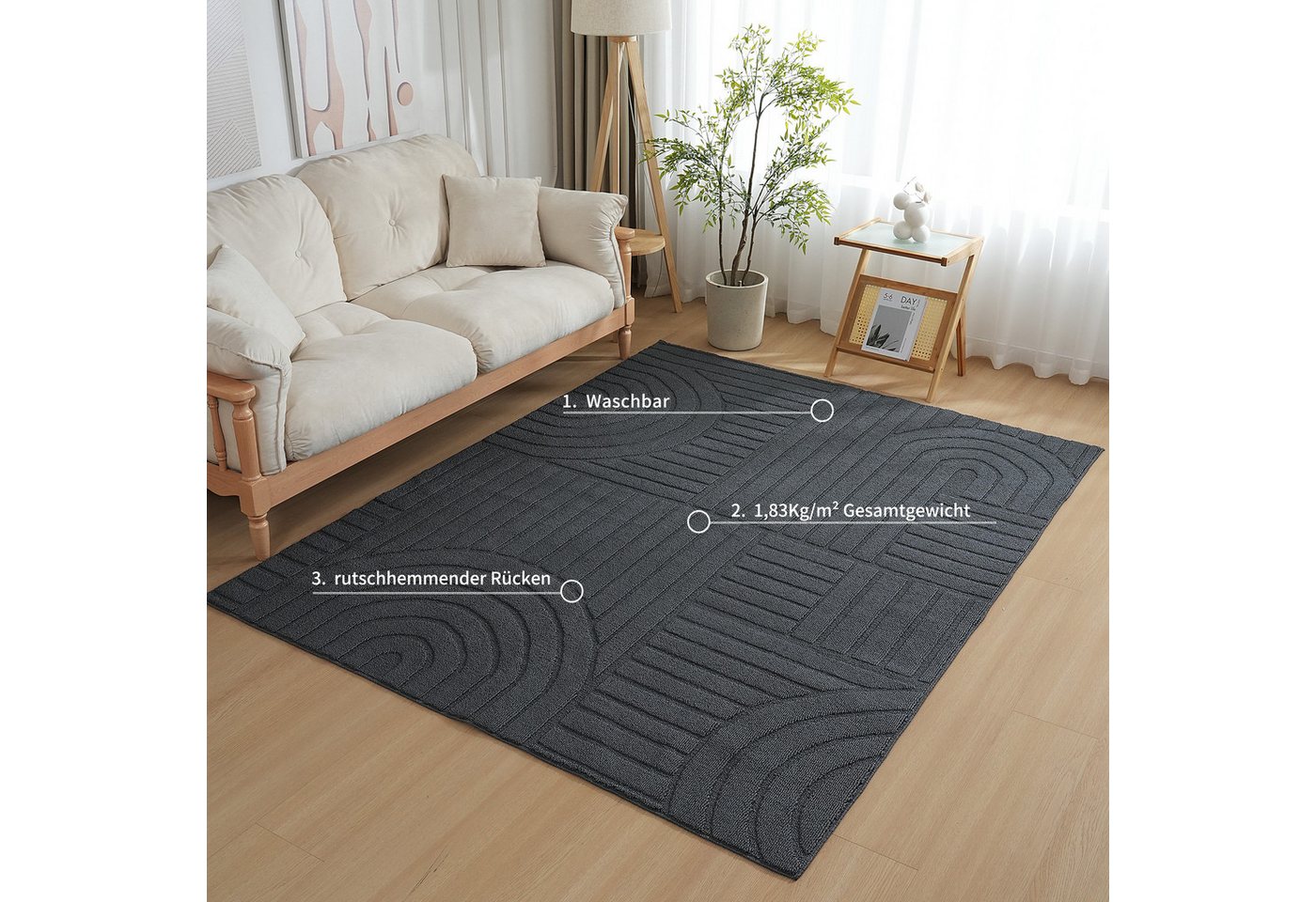 OTTO home Teppich Neele, Boho-Design, Hoch-Tief, waschbar, rechteckig, Höhe: 12 mm, 3D Optik, Skandinavisch, Designteppich, Wohnzimmer, Schlafzimmer – Bild 3 von 5