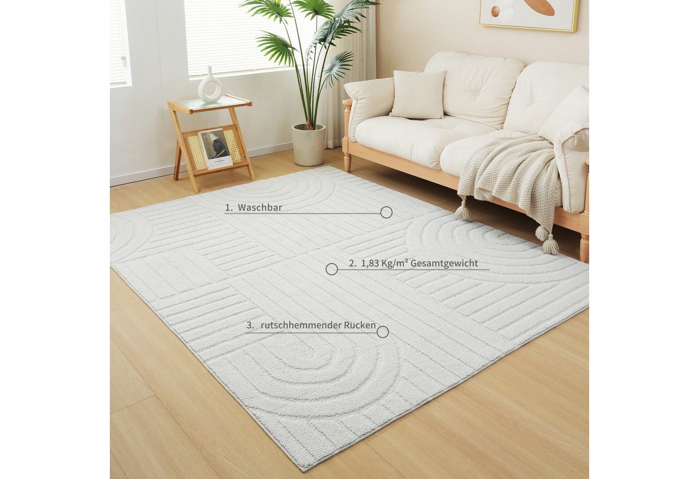 OTTO home Teppich Neele, Boho-Design, Hoch-Tief, waschbar, rechteckig, Höhe: 12 mm, 3D Optik, Skandinavisch, Designteppich, Wohnzimmer, Schlafzimmer – Bild 2 von 5