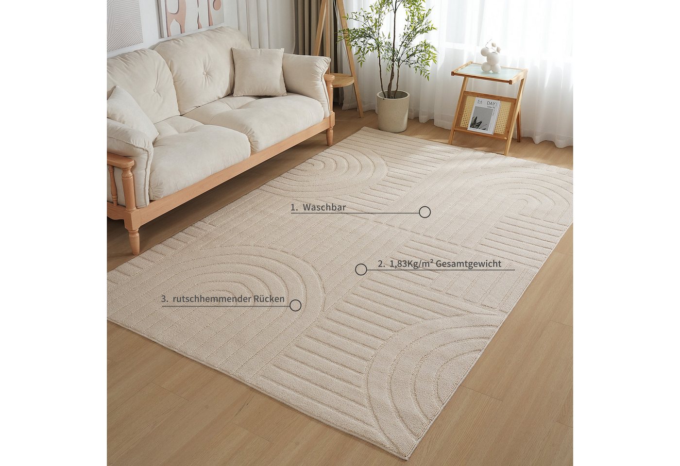 OTTO home Teppich Neele, Boho-Design, Hoch-Tief, waschbar, rechteckig, Höhe: 12 mm, 3D Optik, Skandinavisch, Designteppich, Wohnzimmer, Schlafzimmer – Bild 3 von 5