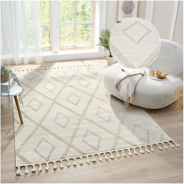 OTTO home Teppich Otilie, rechteckig, Höhe: 11 mm, dichte Qualität, Woll-Look, Boho, mit Fransen und Rauten, Scandi