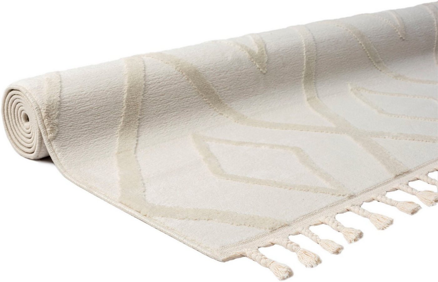 OTTO home Teppich Otilie, rechteckig, Höhe: 11 mm, dichte Qualität, Woll-Look, Boho, mit Fransen und Rauten, Scandi – Bild 4 von 5